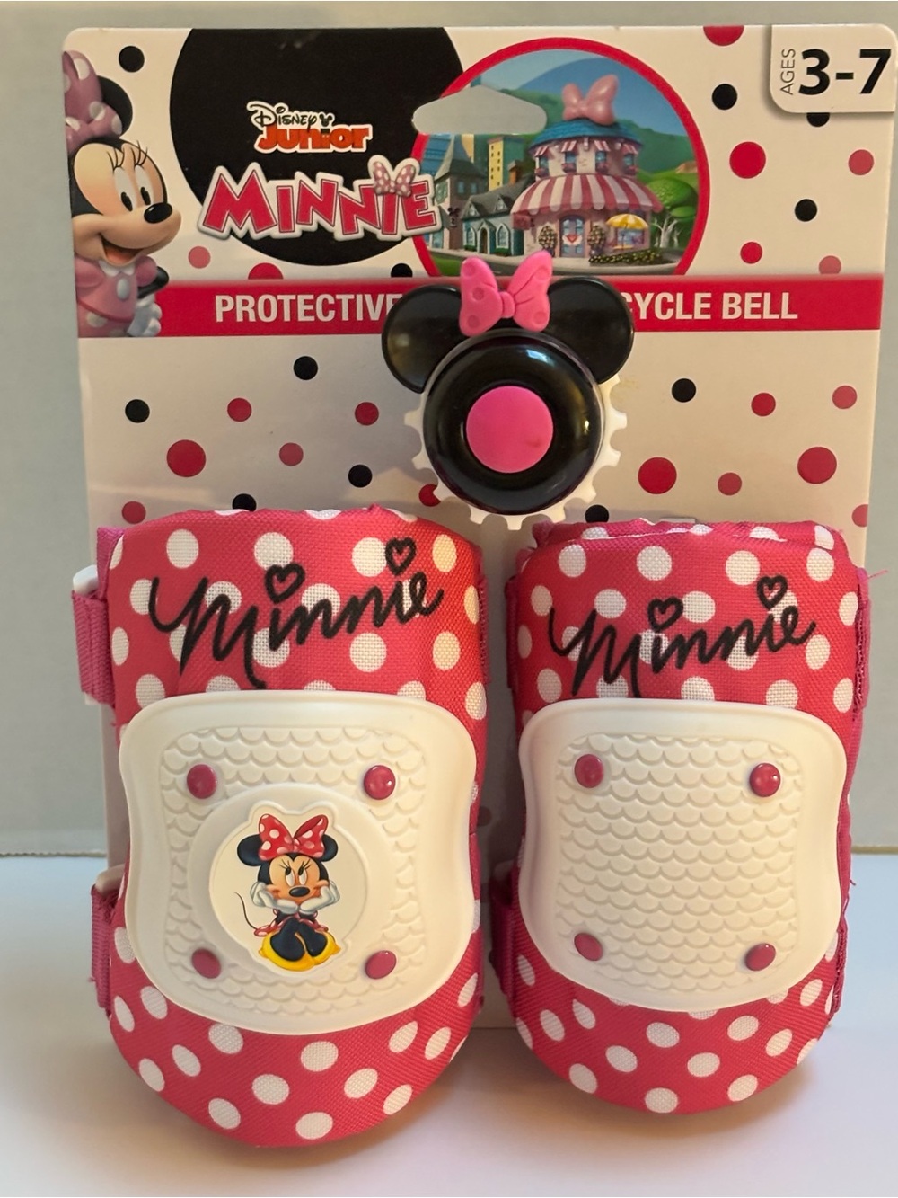 Minnie Mouse Kids Pink Polka Dot Protective Knee and Elbow Pads with Bell